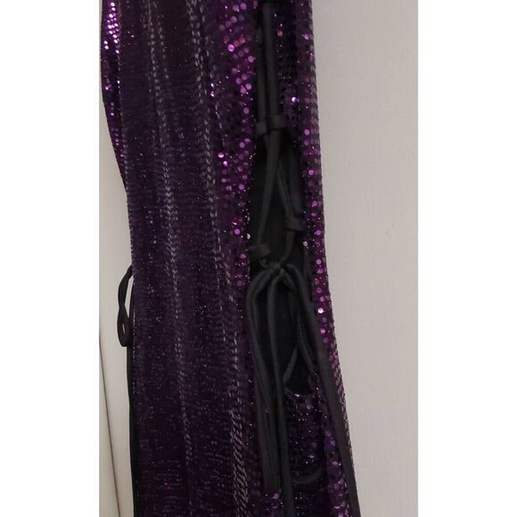 NWOT~Eggplant Purple & Black Glitter Side Cut Out Party Mini Dress Sz Large - Picture 2 of 3